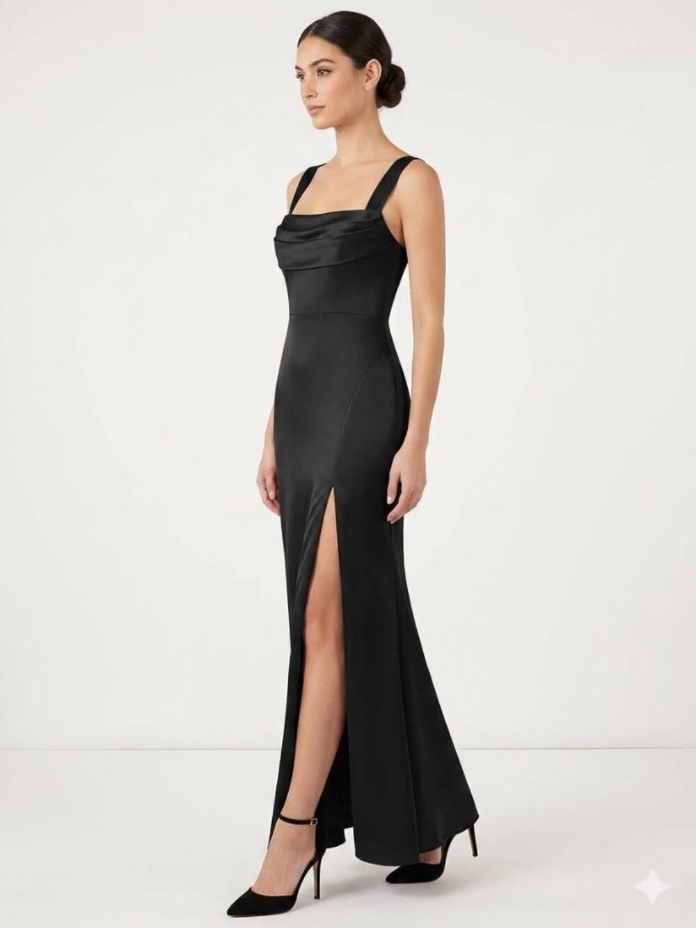 NWT Azazie Saige black satin formal maxi dress, size 4